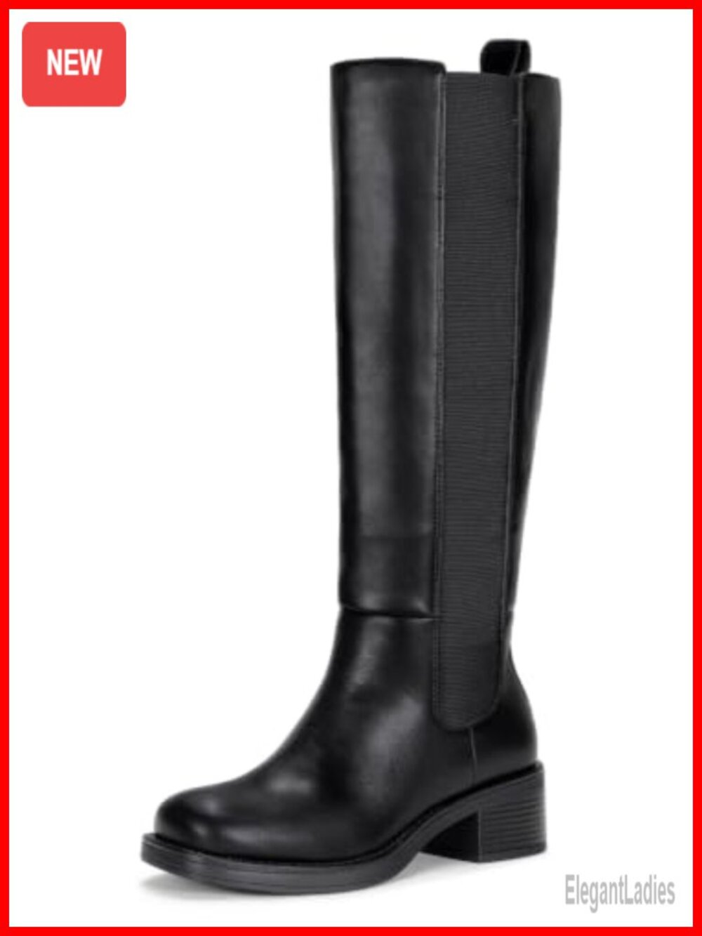 Faux Leather Knee High Boots Round Toe Pull On Tall Block Heel